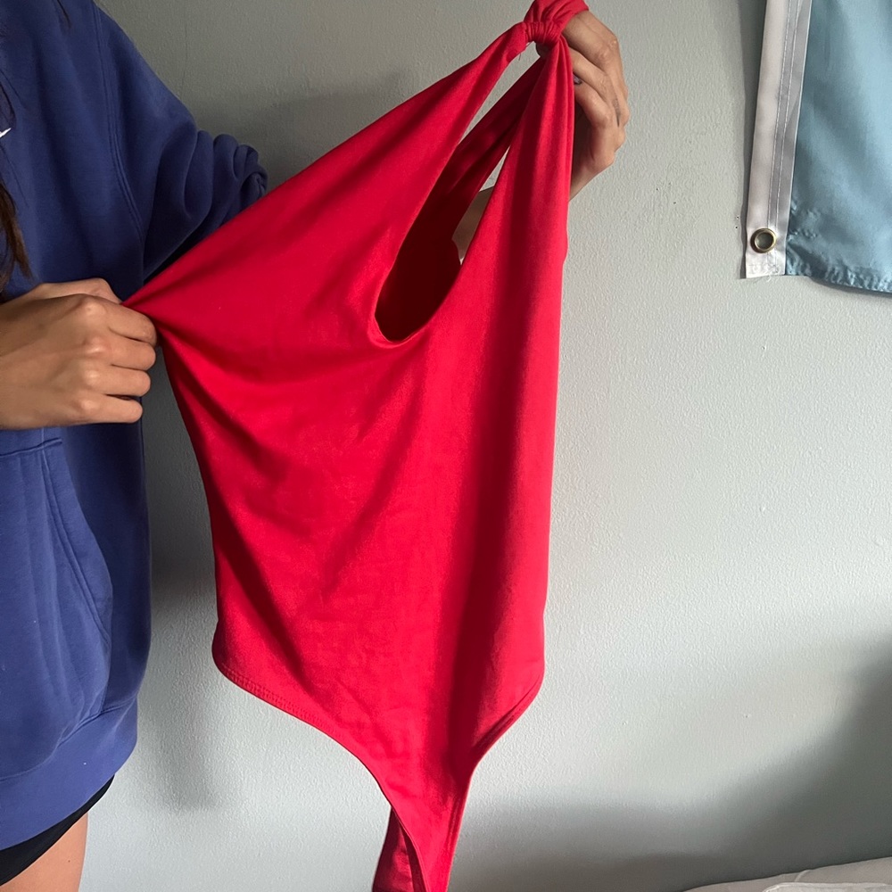 Red cutout one shoulder bodysuit